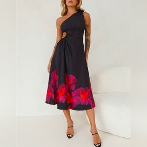 Hello Molly Black Floral Aline One Shoulder Midi Dress Party Romantic